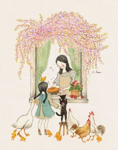 an illustration of two girls and chickens looking out a window at the birds eating food