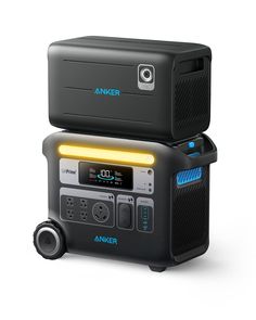 anker portable radio with bluetooth speakers on the front and black back, sitting next to each other