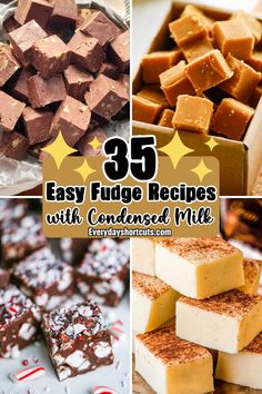 the collage shows different types of fudges with text overlay that reads 35 easy fudge recipes with confected milk