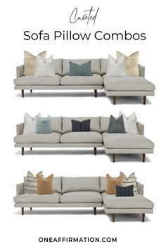 three different couches with pillows on them and the words, sofa pillow combos