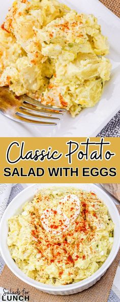 an egg casserole is served on a white plate with a fork and the words classic potato salad with eggs