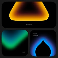 three different colored shapes on black background