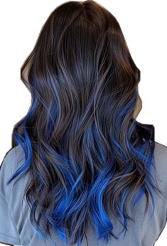 Blue Highlights Straight Hair, Blue Hair With Shadow Root, Blue Hair Tips Brown, Blue Highlights In Dark Brown Hair, Dark Blue Balayage Hair, Brunette With Blue Highlights, Dark Brown Hair With Blue Highlights, Hair Dye Ideas Blue, Red Hair Halloween Costumes Ideas