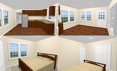 four different views of a bedroom and kitchen