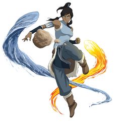 a woman is flying through the air while holding a ball and fire behind her back