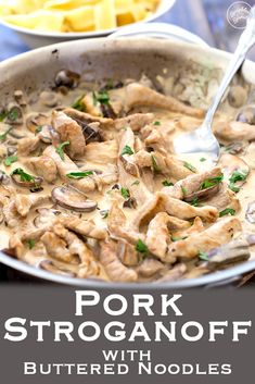 pork stroganooffi with buttered noodles and parsley in a skillet