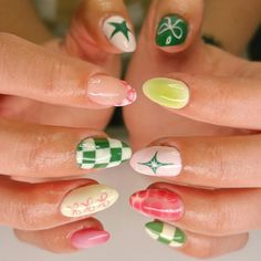 Confirmed to myself that pink & green are my favorite colors 💗🌿🌷🐊 Pink Nails Coquette, Checker Nails, Summer Nails Green, Nails Checkerboard, Green Summer Nails, Mixed Nails, Maximalist Nails, Nail Technician, Pink And Green