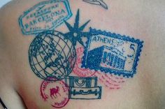 a woman with a tattoo on her shoulder and passport stamps around her neck, including an airplane