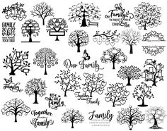 the family tree stencil is shown in black and white, with hearts on it