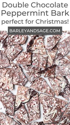 chocolate peppermint bark with text overlay that reads, double chocolate peppermint bark perfect for christmas