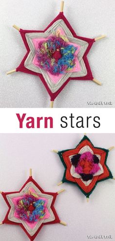 yarn stars are hanging on clothes pins with the words yarn stars written in red and white