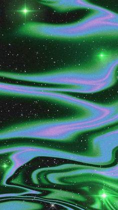 green and purple swirls in the night sky with stars above it on a black background