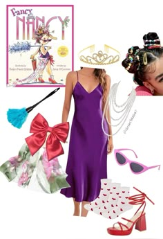 a woman in a purple dress and accessories including sunglasses, hair clips, necklaces, bracelets