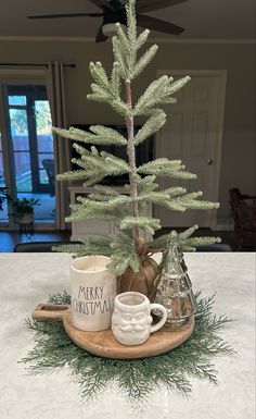 a small pine tree is sitting on a tray with two mugs next to it