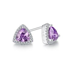 Created Amethyst with Created White Sapphire Earrings Earrings are Rhodium Plated Brass Amethyst is 6x6 mm Trillion Cut Each Total of 44 Stones Side Stones are Created White Sapphire Earrings are 7.60 mm WITH GIFT BOX Purple Anniversary Earrings, Purple Earrings With Prong Setting For Gift, Purple Birthstone Drop Earrings, White Sapphire Earrings, Garnet And Gold, Pearl Earrings Dangle, Sapphire Earrings, White Sapphire, Jewelry Earrings Studs