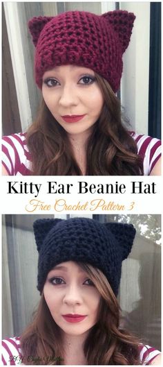 a woman wearing a knitted beanie hat with the words kitty ear beanie hat free crochet pattern