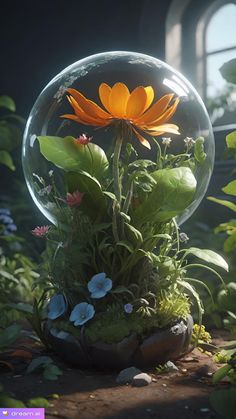 an orange flower in a glass ball surrounded by greenery and flowers on the ground