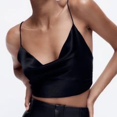 Crop Top; Satin Effect; Black; New With Tags; Xs Elegant Black V-neck Camisole, Black Sleek Camisole With Spaghetti Straps, Sleek Cami Top For Evening, Sleek Black Spaghetti Strap Camisole, Sleek Evening Cami Top, Trendy V-neck Crop Top For Evening, Sleek Evening Camisole Tops, Sleek Spaghetti Strap Top For Night Out, Sleek Spaghetti Strap Evening Tops