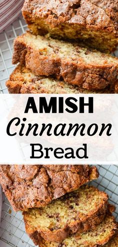 this is an image of cinnamon bread on a wire rack with the words, amish cinnamon bread