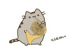 a cartoon cat playing a french horn