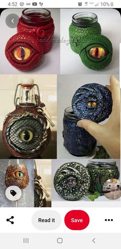 four different types of glass jars with eyes on them and one has an eyeball in it