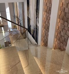 the stairs in this house are made of glass and wood, with decorative wall panels on either side