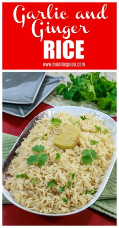 garlic and ginger rice in a white bowl with cilantro on the side