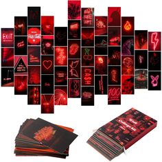 a collage of photos with red and black images