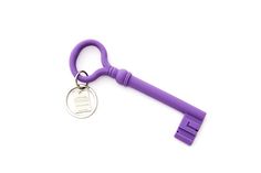 a purple keychain with a metal tag attached to it