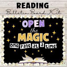 an open book with the words reading bulletin board kit written in black and yellow stars