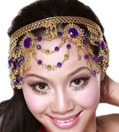 Arabian Nights Metal Head Piece with Jewels - PURPLE Gold Mardi Gras Costume Hats And Headpieces, Adjustable Gold Hair Accessories For Festive Occasions, Gold Crown Headpiece For Festivals, Gold Mardi Gras Costume Accessories, Gold Headpieces For Party And Festival, Gold Costume Hats And Headpieces For Halloween, Gold Halloween Party Costume Headpiece, Gold Costume Hats And Headpieces For Carnival, Mardi Gras Costume Accessories In Gold