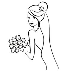 a woman with a bouquet of flowers in her hand, black and white line drawing