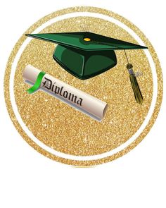 a graduation cap and diploma scroll on a gold glitter background