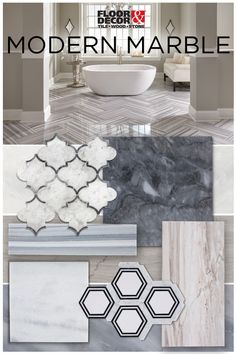 the modern marble tile collection is shown in various colors and sizes, including greys, white