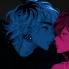 two people with blue and pink hair are facing each other in the same direction as they stare at each other