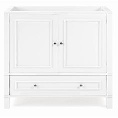 a white cabinet with two doors and drawers on the bottom, in front of a white background