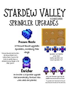 the stardeu valley sprinkler upgrade guide is shown in this image