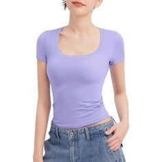 Pumiey Women's T Shirts Short Sleeve Scoop Neck Basic Going Out Tops Fashion Slim Fit Tee Smoke Cloud Pro Collection, M Amazon Price: $24.98 Size: Medium Color: Haze Blue By Manufacturer (Appear More Of A Lavender To My Eyes) Bust: 36-39" Waist: 28-31" Length: 20.1" Smoke Cloud Collection Products Made With C110tm Fabric, The New Drop's Fabric Is More Smooth, And Creamy. With Some Special Tech, Even The Light Colors Won't Be Sheer. Scoop Neck Top From Pumiey, Which Is Made From A Lightweight And Fitted Purple Crew Neck T-shirt, Purple Stretch Crew Neck Top, Fitted Purple T-shirt With Crew Neck, Fitted Lavender Short Sleeve Top, Casual Purple Scoop Neck Top, Fitted Basic Purple Top, Trendy Lavender Short Sleeve T-shirt, Purple Fitted Short Sleeve Top, Trendy Purple Stretch T-shirt