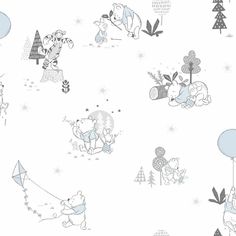 a white and blue wallpaper with winnie the pooh characters