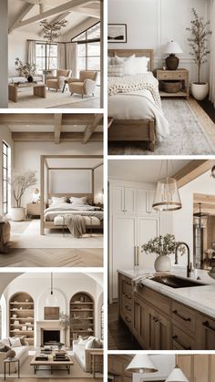 four different shots of a bedroom with white walls and wood furniture, including a bed