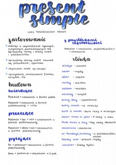 a blue and white resume with the words present simple written in different languages on it