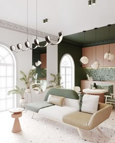 a living room filled with furniture and lots of plants on top of the walls in front of windows