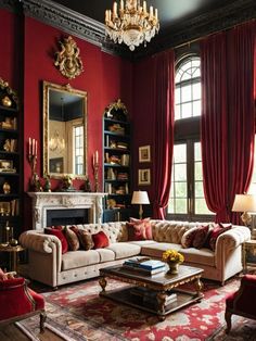 a living room filled with furniture and a fire place next to a window covered in red curtains