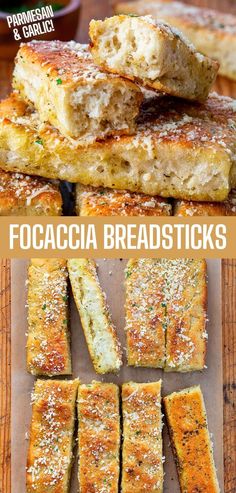 Two images. Top image is a side view of breadsticks stacked on top of each other, the top breadstick has been ripped in half showcasing the soft airy inside; bottom image is an overhead view of eight breadsticks topped with parmesan cheese and parsley. Pizza Hut Breadsticks, Easy Focaccia, Homemade Marinara Sauce, Focaccia Bread Recipe, Bread Sticks Recipe, Bread Sticks, Focaccia Bread, Homemade Marinara, Pizza Hut