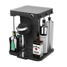 an espresso machine with coffee and liquor bottles