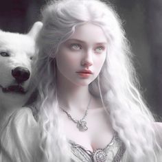 a woman with long white hair standing next to a wolf