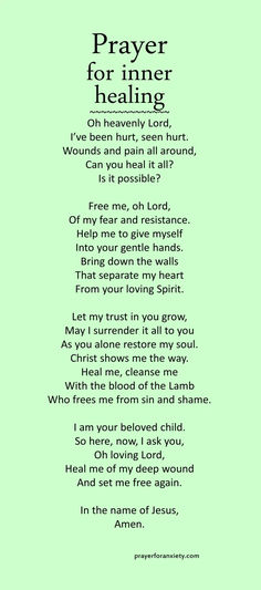 a poem written in green with the words prayer for inner healing on it's side