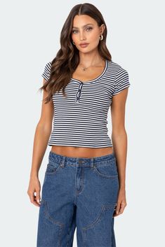 Kady Striped Henley T Shirt – edikted Visionary Fashion, Henley T Shirt, Henley Tee, Business Tops, Casual Summer Tops, Striped Fabric, Casual Tops For Women, Dressy Tops, Striped Fabrics