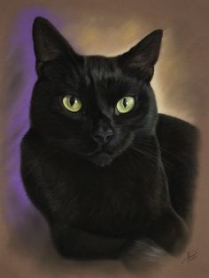 a painting of a black cat with green eyes