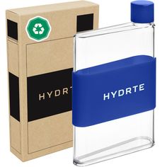 a bottle of hydrogen water next to a cardboard box with the word hydra written on it